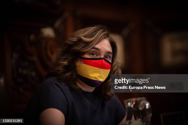 Barcelona Mayor Ada Colau, wearing a Republican flag mask, speaks during a plenary session at Barcelona City Hall, July 23 in Barcelona, Catalonia,...