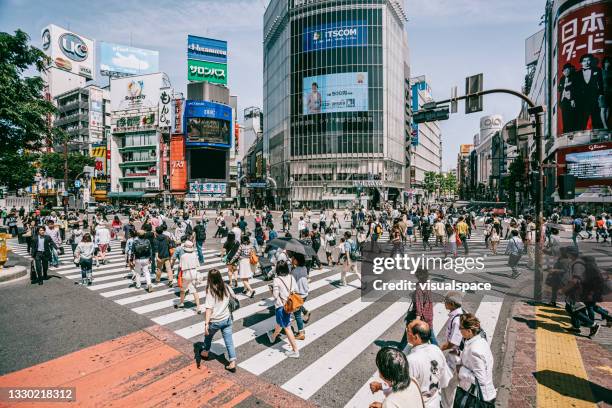 vue surélevée de la traversée des zèbres de shibuya, tokyo, japon - quartier de shibuya photos et images de collection