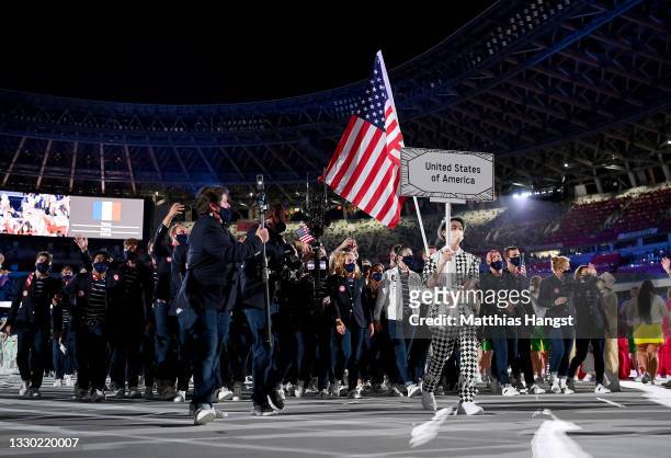 Athletes of team USA enjoy the atmosphere during the Opening Ceremony of the Tokyo 2020 Olympic Games at Olympic Stadium on July 23, 2021 in Tokyo,...