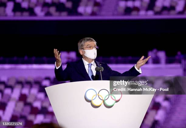 Thomas Bach, IOC President makes a speech during the Opening Ceremony of the Tokyo 2020 Olympic Games at Olympic Stadium on July 23, 2021 in Tokyo,...