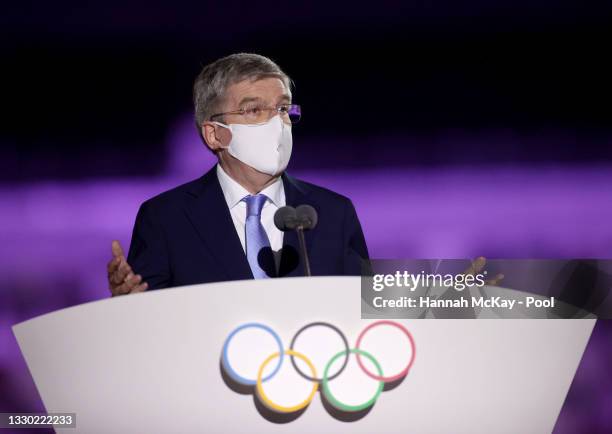 Thomas Bach, IOC President makes a speech during the Opening Ceremony of the Tokyo 2020 Olympic Games at Olympic Stadium on July 23, 2021 in Tokyo,...