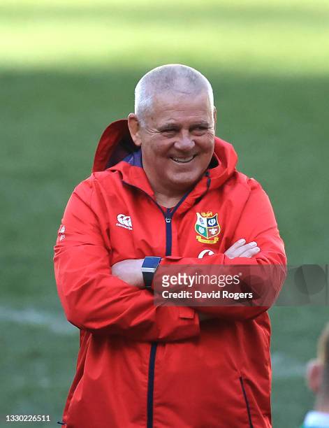 Warren Gatland, the Lions head coach looks on during the British & Irish Lions captain's run at Cape Town Stadium on July 23, 2021 in Cape Town,...