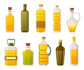 Oil bottles. Sunflower, olive, corn and vegetable cooking oils in glass and plastic packages. Extra virgin organic oil products vector set