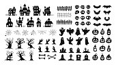 Halloween silhouettes. Spooky decorations zombie hands, scary tree, ghosts, haunted house, pumpkin faces and graveyard tombstones vector set