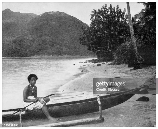 antique black and white photograph: samoan girl and canoe - polynesian ethnicity stock illustrations