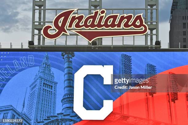 The Cleveland Indians logo above the scoreboard during the game against the Tampa Bay Rays at Progressive Field on July 22, 2021 in Cleveland, Ohio....