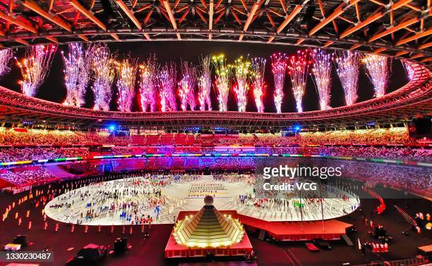 Fireworks explode during the Opening Ceremony of the Tokyo 2020 Olympic Games at Olympic Stadium on July 23, 2021 in Tokyo, Japan.