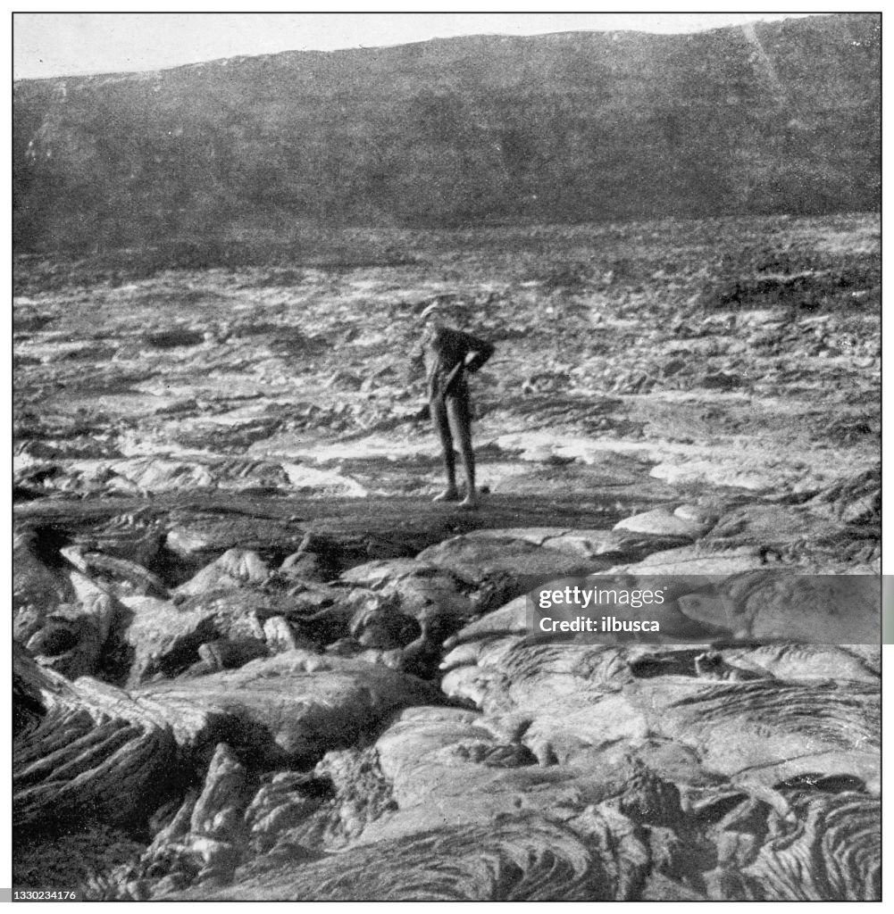 Antique black and white photograph: Lava flow of Mauna Loa, Hawaii