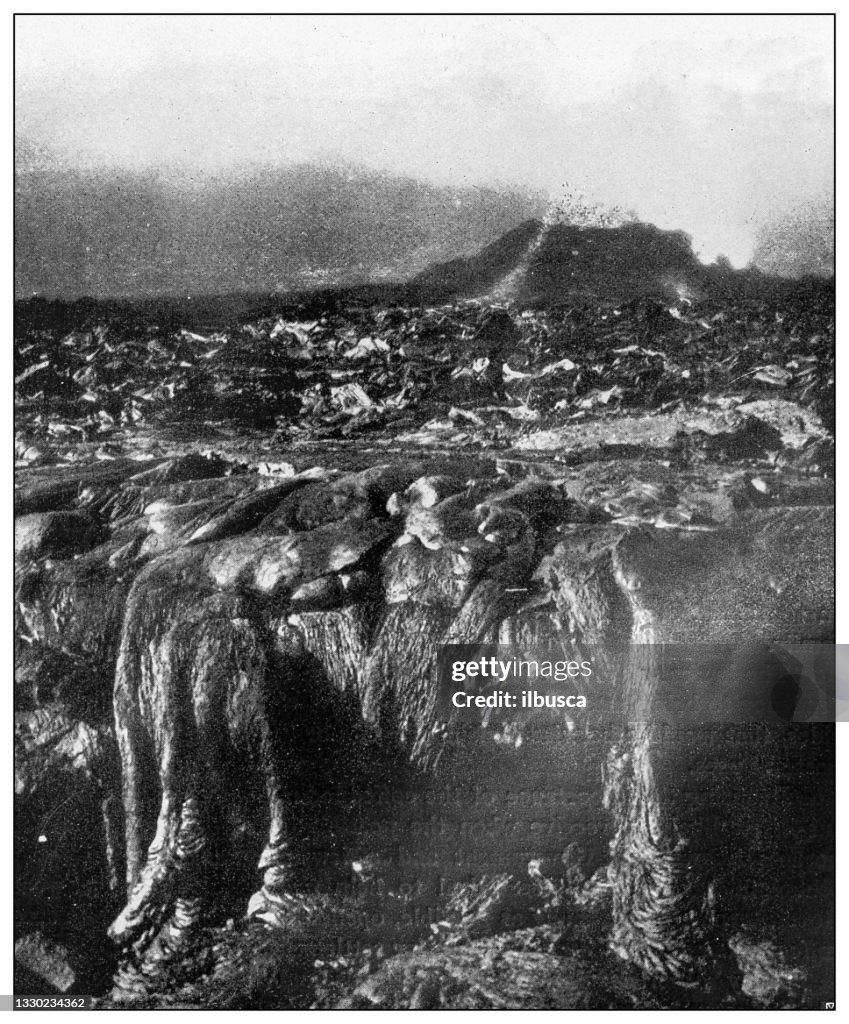 Antique black and white photograph: Lava flow of Mauna Loa, Hawaii