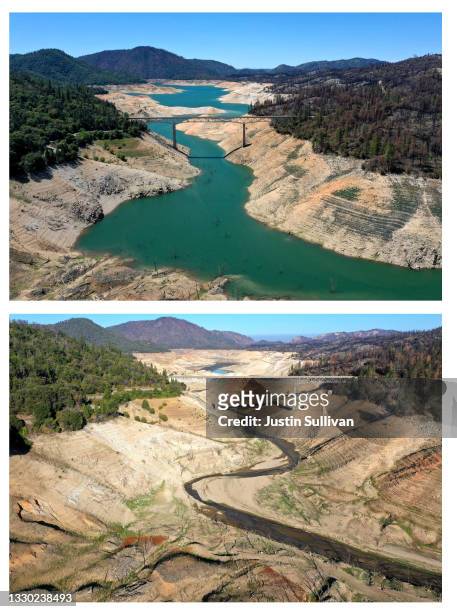In this before-and-after composite image **TOP IMAGE** OROVILLE, CALIFORNIA In an aerial view, the Enterprise Bridge crosses over a section of Lake...