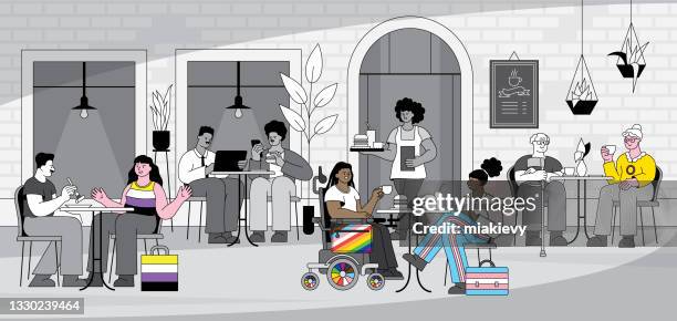 illustrazioni stock, clip art, cartoni animati e icone di tendenza di persone lgbtqia che mangiano in un bar - mese dell'orgoglio lgbt