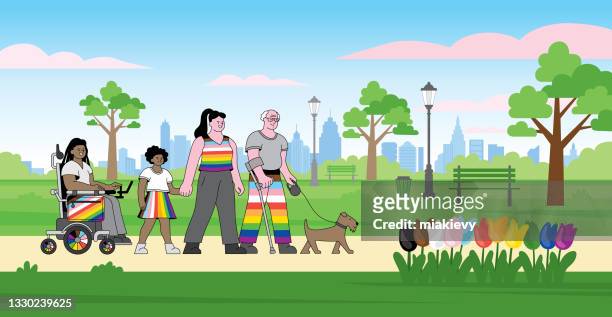 lgbtqia-familie spazieren im park - persons with disabilities stock-grafiken, -clipart, -cartoons und -symbole
