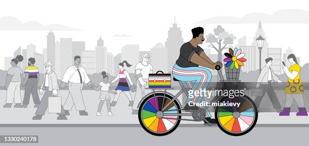 illustrazioni stock, clip art, cartoni animati e icone di tendenza di lgbtqia persona in bicicletta in città - mese dell'orgoglio lgbt