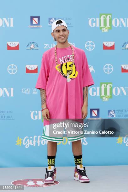 Luca Marzano, aka Aka7even, attends the photocall at the Giffoni Film Festival 2021 on July 23, 2021 in Giffoni Valle Piana, Italy.