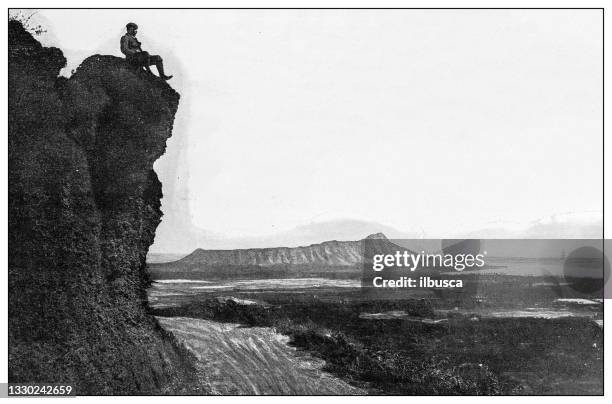 antique black and white photograph: diamond head, hawaii - diamond head stock illustrations