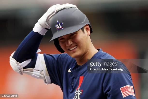 Shohei Ohtani of the Los Angeles Angels looks on in the first inning during the 91st MLB All-Star Game at Coors Field on July 13, 2021 in Denver,...