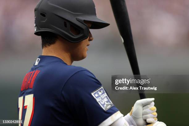 Shohei Ohtani of the Los Angeles Angels looks on in the first inning during the 91st MLB All-Star Game at Coors Field on July 13, 2021 in Denver,...