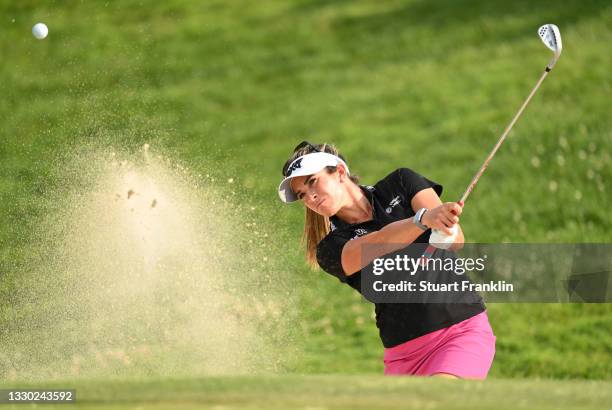 Gerina Piller of The United States plays a shot from a bunker on the 18th hole during day two of The Amundi Evian Championship at Evian Resort Golf...