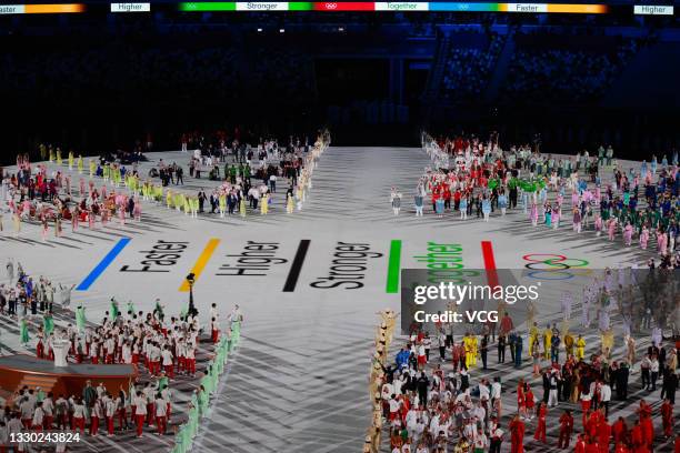 Motto 'Faster, Higher, Stronger and Together' during the Opening Ceremony of the Tokyo 2020 Olympic Games at Olympic Stadium on July 23, 2021 in...