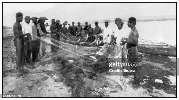 antique black and white photograph: fishermen, hawaii - commercial fishing net stock illustrations