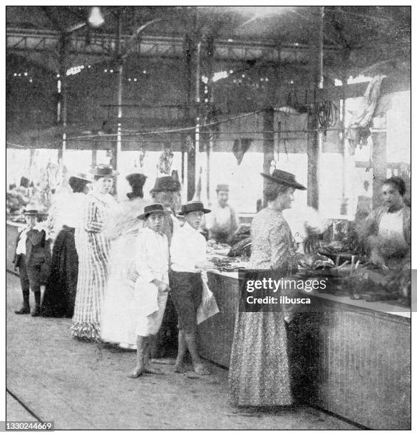 antique black and white photograph: meat and fish market, honolulu, hawaii - fish market stock illustrations