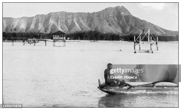 antique black and white photograph: canoe, hawaii - man remembering stock illustrations