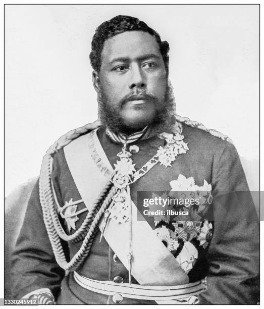 antique black and white photograph: king david kalakaua, hawaii - hawaiian ethnicity stock illustrations