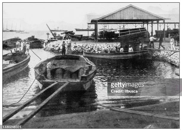 antique black and white photograph: docks at ponce - puerto rican culture stock illustrations