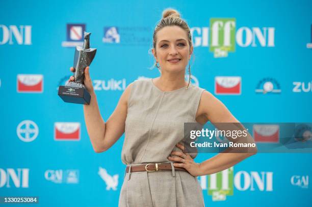 Carolina Crescentini with Giffoni Awards 2021 attends the photocall at the Giffoni Film Festival 2021 on July 23, 2021 in Giffoni Valle Piana, Italy.