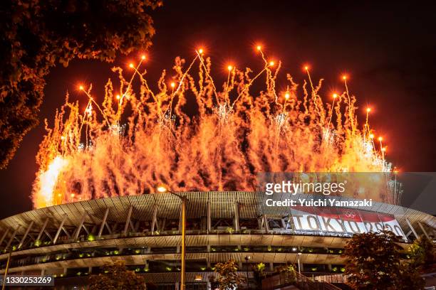 Fireworks are seen during the Opening Ceremony of the Tokyo 2020 Olympic Games at Olympic Stadium on July 23, 2021 in Tokyo, Japan.