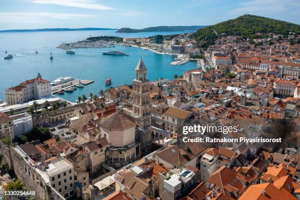 aerial drone view of split old town, croatia - kroatie stockfoto's en -beelden