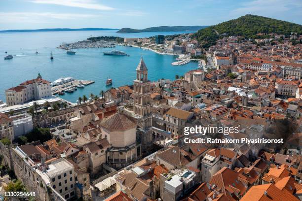 aerial drone view of split old town, croatia - croatia stock pictures, royalty-free photos & images