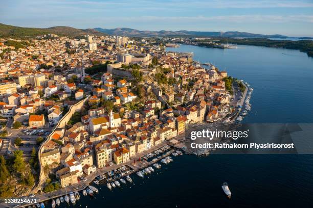 aerial drone view of sibenik old town and cathedral of st james in croatia - sibenik croatia stock pictures, royalty-free photos & images