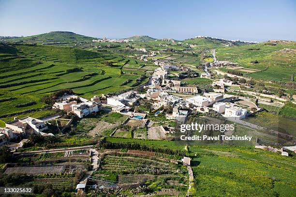 green fields and villages on gozo island, malta - gozo stock pictures, royalty-free photos & images