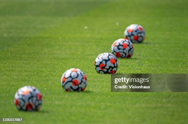 Official Barclays Premier League Nike Strike Aerowsculpt 2021/22 season match balls lined up before the Pre-Season friendly match between Crewe...