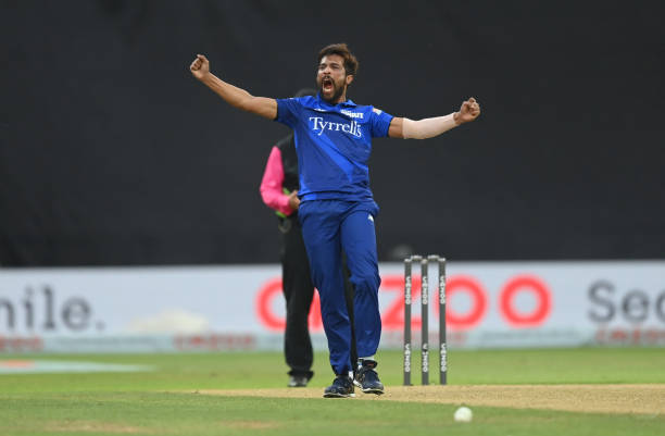 Mohammad Amir of London Spirit celebrates after dismissing Finn Allen of Birmingham Pheonix during The Hundred match between Birmingham Pheonix and...