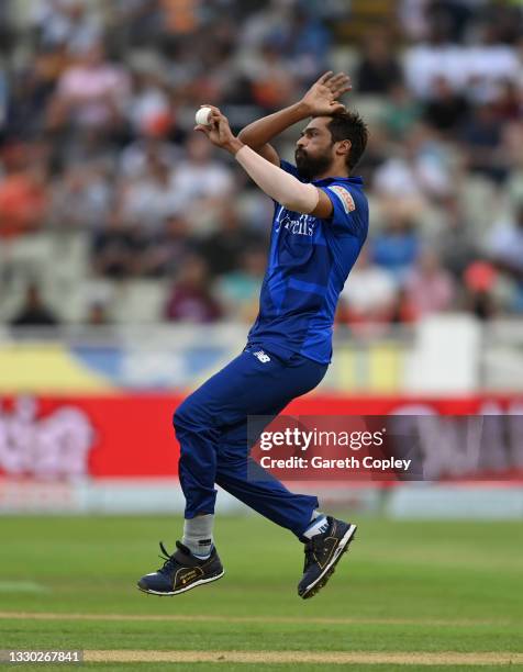 Mohammad Amir of London Spirit bowls during The Hundred match between Birmingham Phoenix and London Spirit at Edgbaston on July 23, 2021 in...