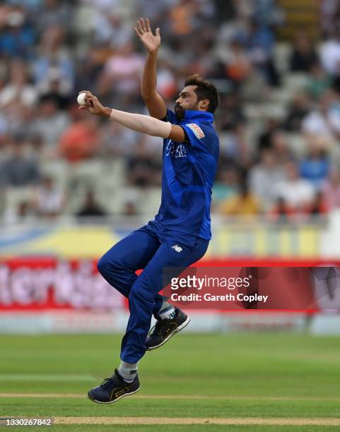 Mohammad Amir of London Spirit bowls during The Hundred match between Birmingham Phoenix and London Spirit at Edgbaston on July 23, 2021 in...