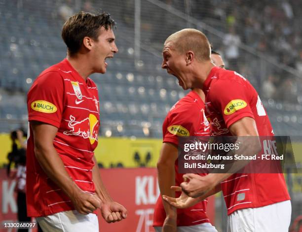 Rasmus Kristensen and Maximilian Wöber of FC Red Bull Salzburg celebrate Kristensen's 1-2 goal during the Admiral Bundesliga match between Sturm Graz...