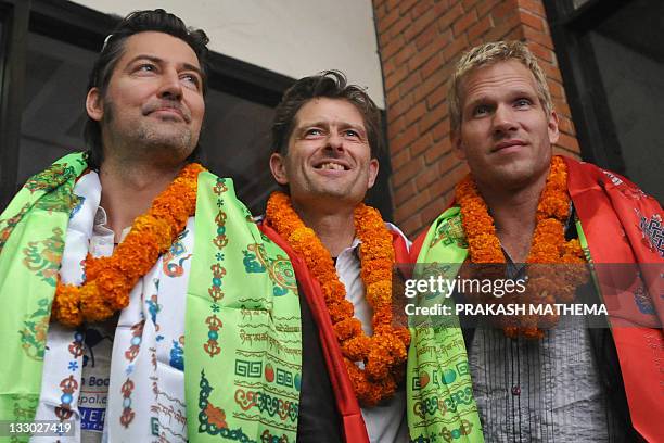 Danish rock band Michael Learns to Rock, known as MLTR, Mikkel Lentz , Jascha Richter , and Kare Wancher pose for a photo after they arrived at...