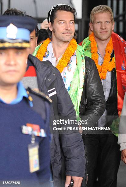 Danish rock band Michael Learns to Rock, known as MLTR, members Mikkel Lentz , and Jascha Richter arrive at Tribhuvan International Airport in...
