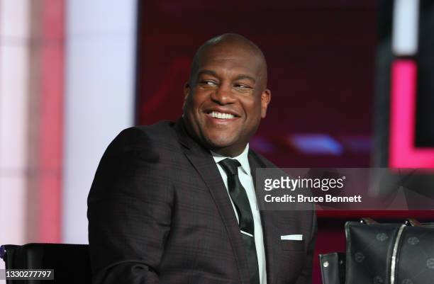 Broadcaster Kevin Weekes prepares to work the first round of the 2021 NHL Entry Draft at the NHL Network studios on July 23, 2021 in Secaucus, New...