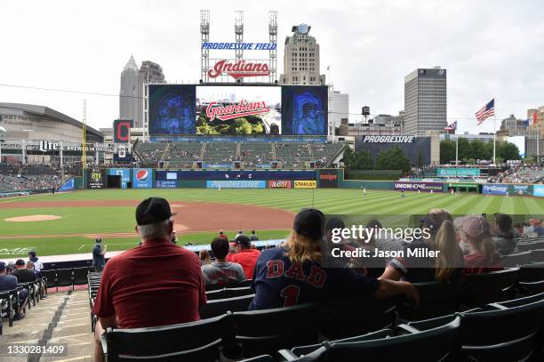 The Cleveland Indians show a video to fans announcing their name change to the Cleveland Guardians prior to the game against the Tampa Bay Rays at...