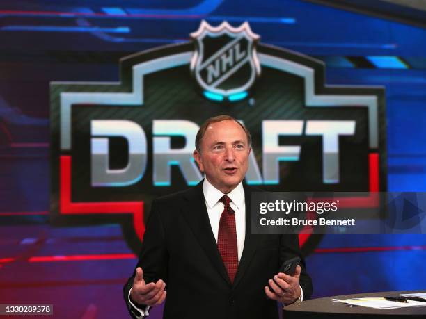 Commissioner Gary Bettman opens the first round of the 2021 NHL Entry Draft at the NHL Network studios on July 23, 2021 in Secaucus, New Jersey.