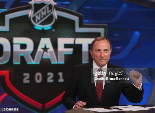 Commissioner Gary Bettman opens the first round of the 2021 NHL Entry Draft at the NHL Network studios on July 23, 2021 in Secaucus, New Jersey.