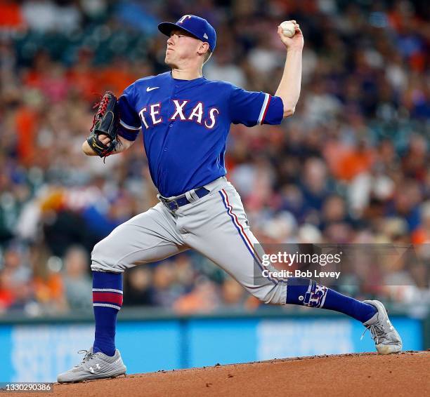 Kolby Allard of the Texas Rangers pitches in the first inning against the Houston Astros at Minute Maid Park on July 23, 2021 in Houston, Texas.