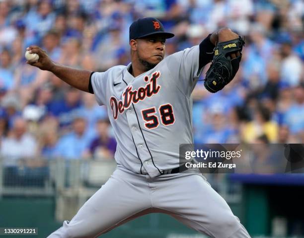 Wily Peralta of the Detroit Tigers pitches in the first inning against the Kansas City Royals at Kauffman Stadium on July 23, 2021 in Kansas City,...