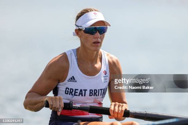 Helen Glover of Team Great Britain competes during the Women's Pair Heat 2 on day one of the Tokyo 2020 Olympic Games at Sea Forest Waterway on July...