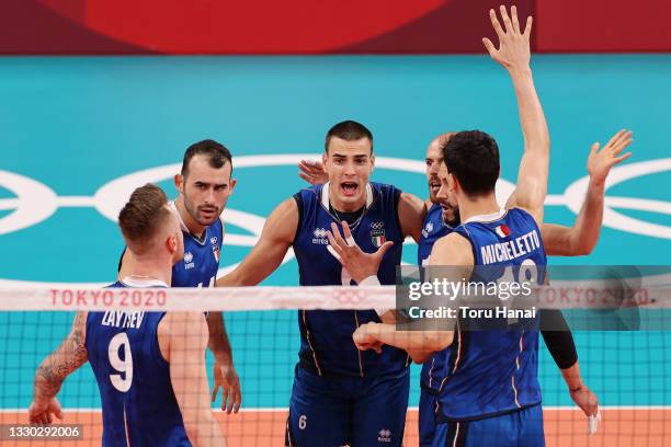 Team Italy reacts against Team Canada during the Men's Preliminary Round - Pool A on day one of the Tokyo 2020 Olympic Games at Ariake Arena on July...
