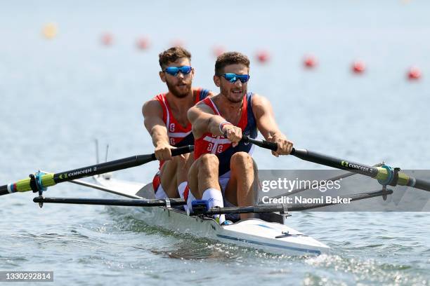 Martin Mackovic and Milos Vasic of Team Serbia compete during the Men's Pair Heat 1 on day one of the Tokyo 2020 Olympic Games at Sea Forest Waterway...